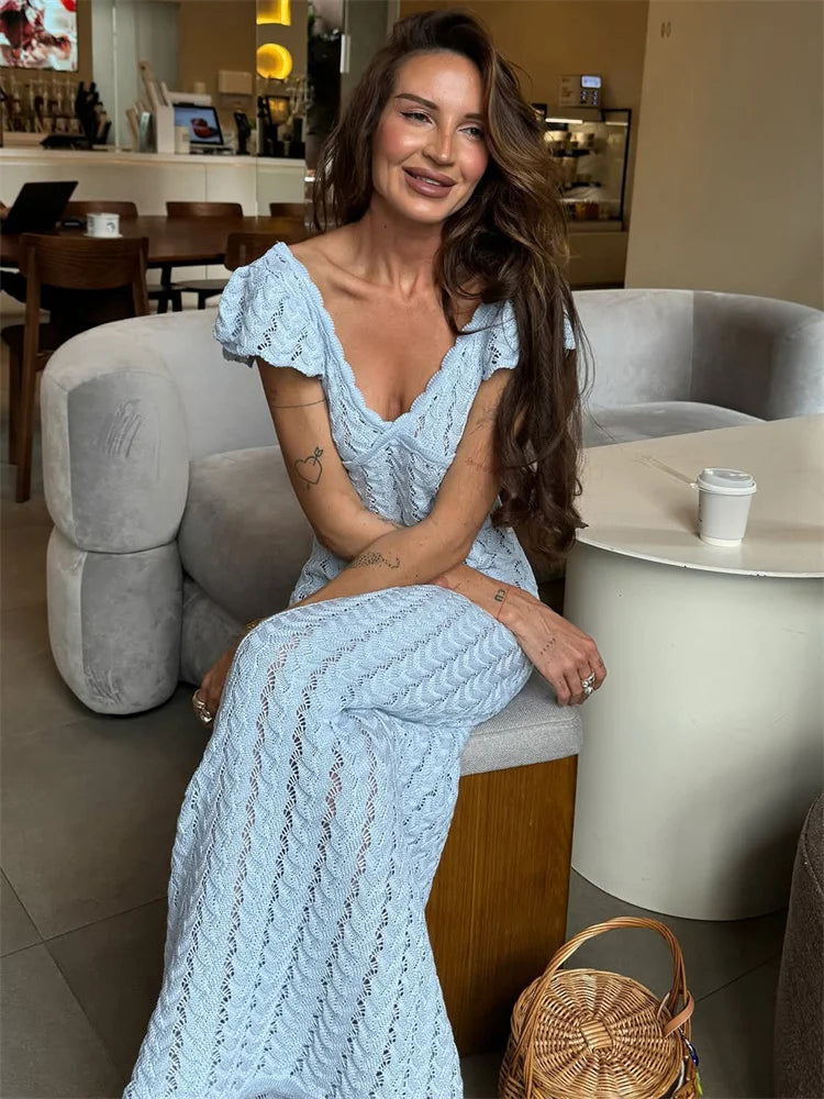 Light Blue Crochet Maxi Dress - Ruffle
Sleeves