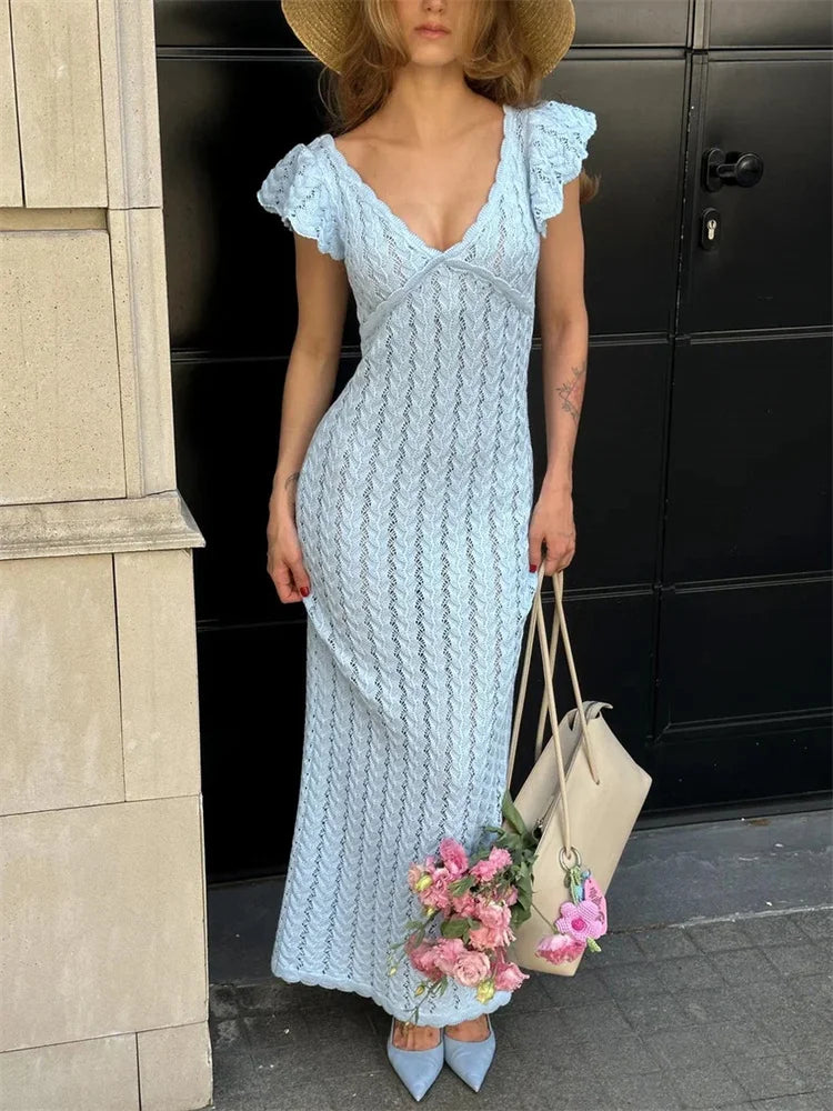 Light Blue Crochet Maxi Dress - Ruffle
Sleeves