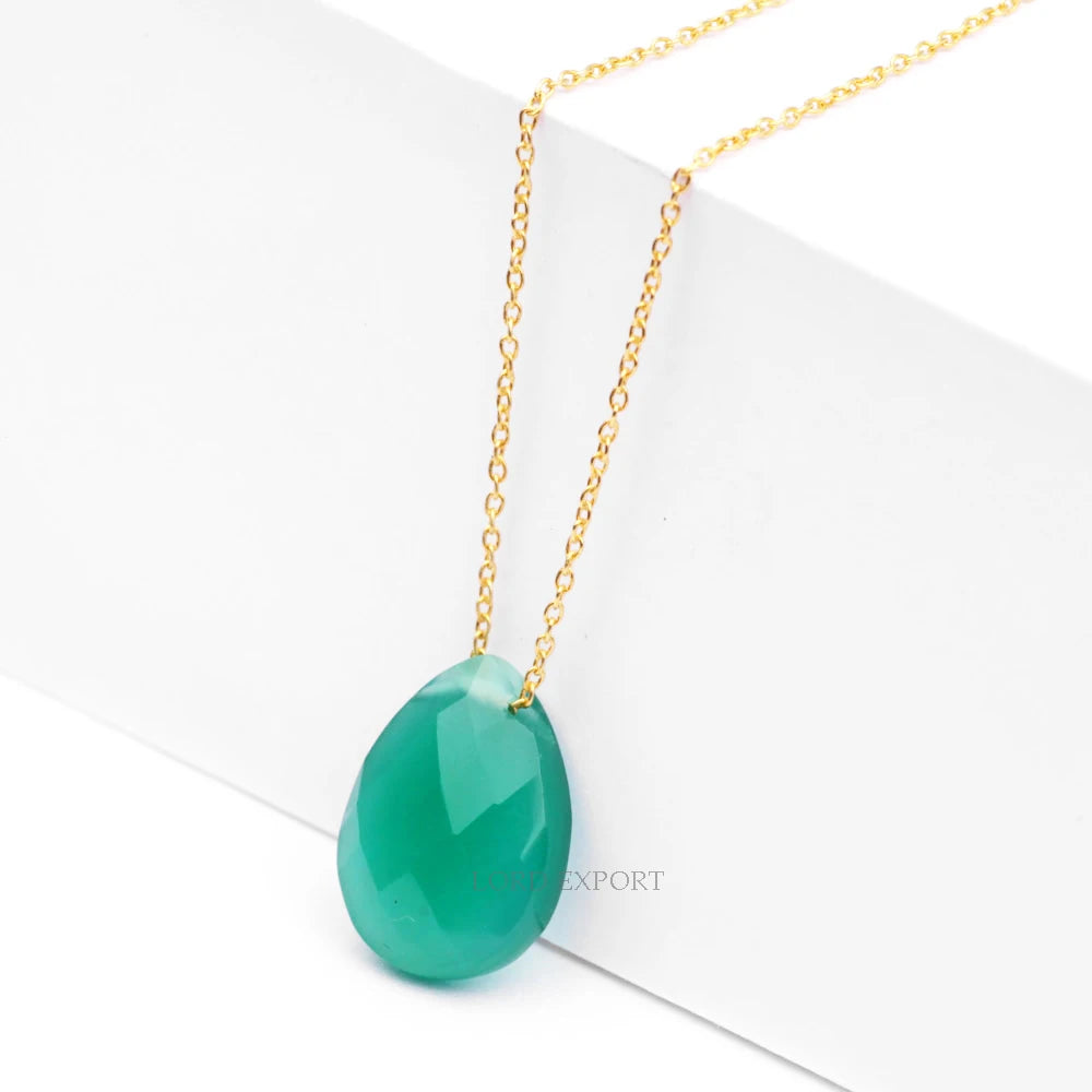 Natural Green Onyx Faceted 18-Inch Sterling Silver Gold